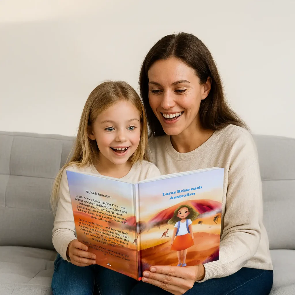 Mutter liest gemeinsam mit ihrer Tochter das personalisierte Kinderbuch „Reise nach Australien“ – beide lächeln beim Lesen auf dem Sofa.