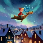 Illustration eines Kindes, das auf einem fliegenden Rentier über eine verschneite Stadt mit Nordlichtern reitet – stimmungsvolle Szene aus dem Kinderbuch ‚Fest der Lichter‘ über weltweite Winterfeste